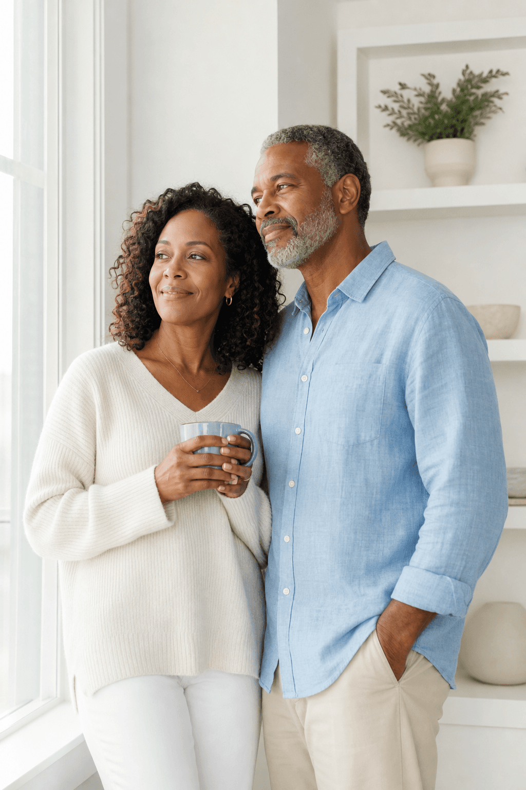 A relaxed Black midlife couple stands together by a bright window, looking rested and confident